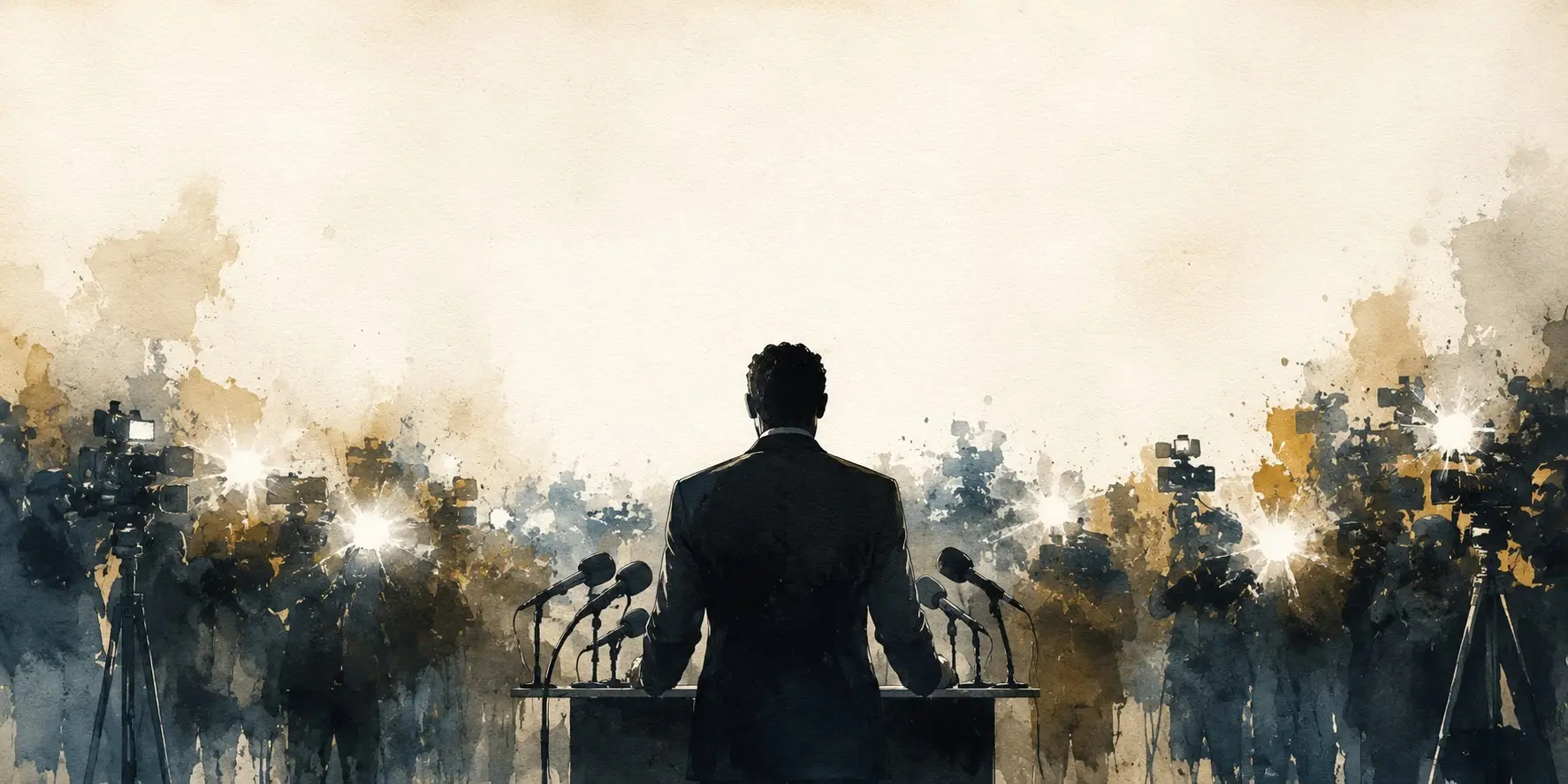 Illustrated silhouette of a journalist facing a wall of press microphones, symbolizing media accountability
